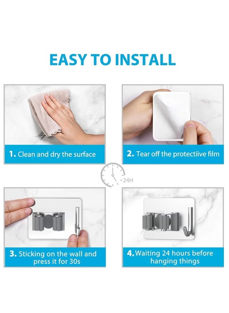Mop Holder for Kitchen, Home Garage and Laundry, Mop Holder with Wall Mount, Multipurpose Mop and Broom Holder Organizer (Pack of 4) - Silver - Image 4